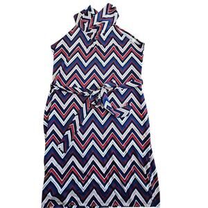 Ashley Stewart Halter Neck Chevron Print Belted Midi Dress Red White Blue  18/20